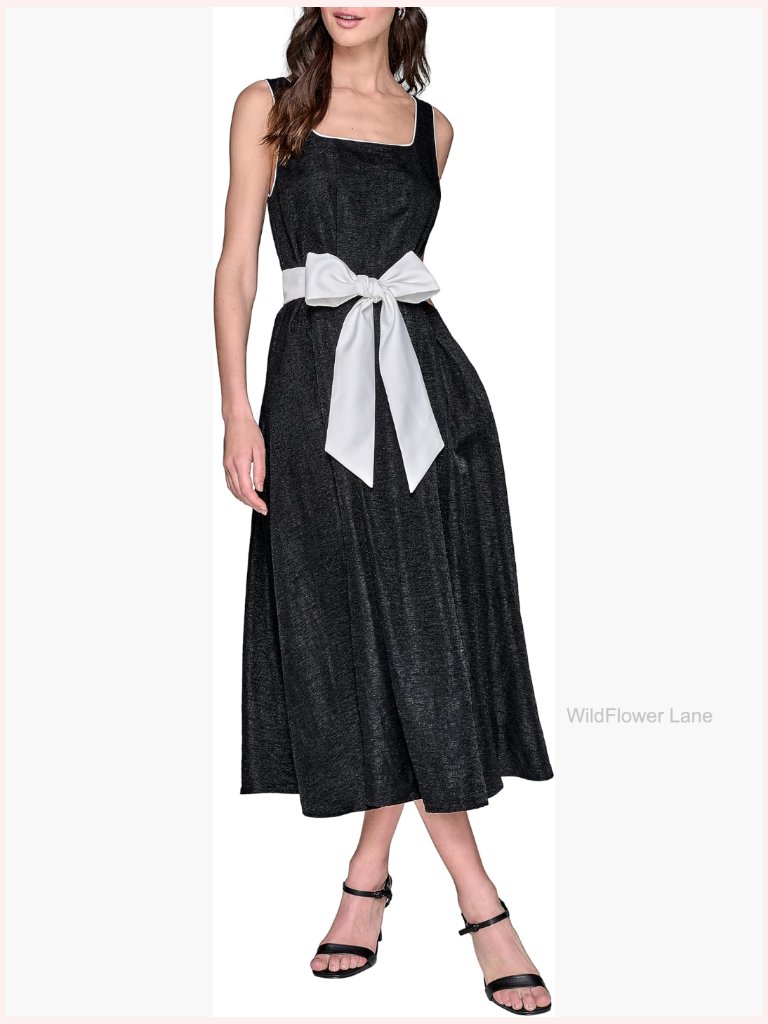 Shiny Slub Suiting Tie Belt Sash A-Line Midi Dress